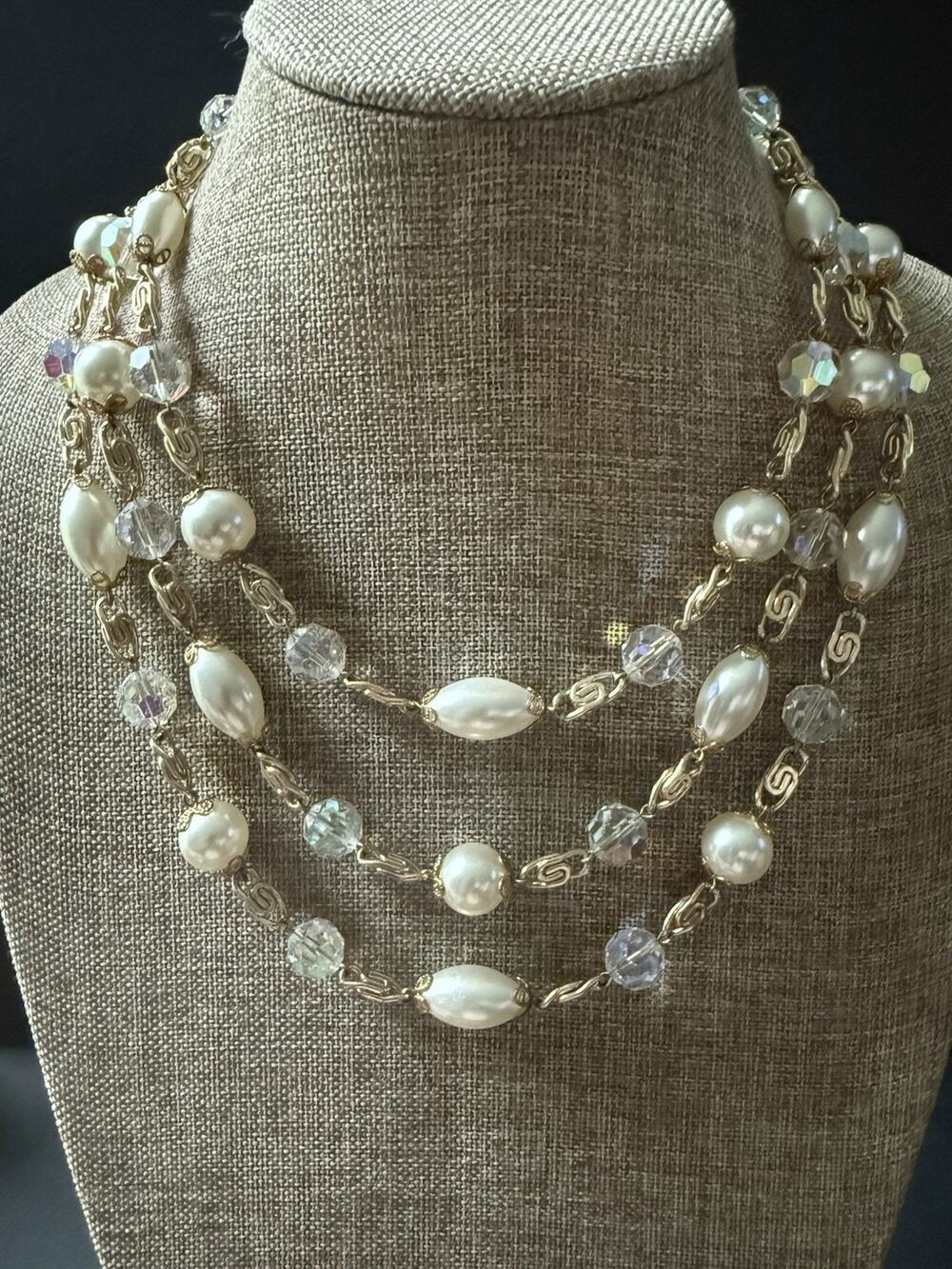 Vendome Necklace Triple Strand Faux Pearl AB Crystal Beads Signed Vintage Retro